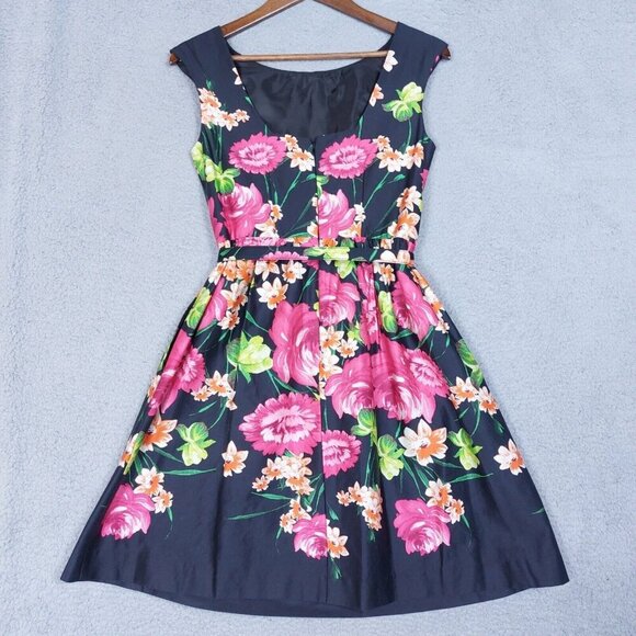 Eliza J Dress Women's 2 Black Rose Print Belted Boat Neck Sleeveless Party - Picture 12 of 16